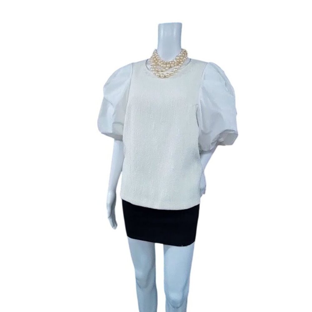 Anthropologie & Black Textured Puff Cream Whimsy Boho Sleeve Blouse L - Picture 5 of 14